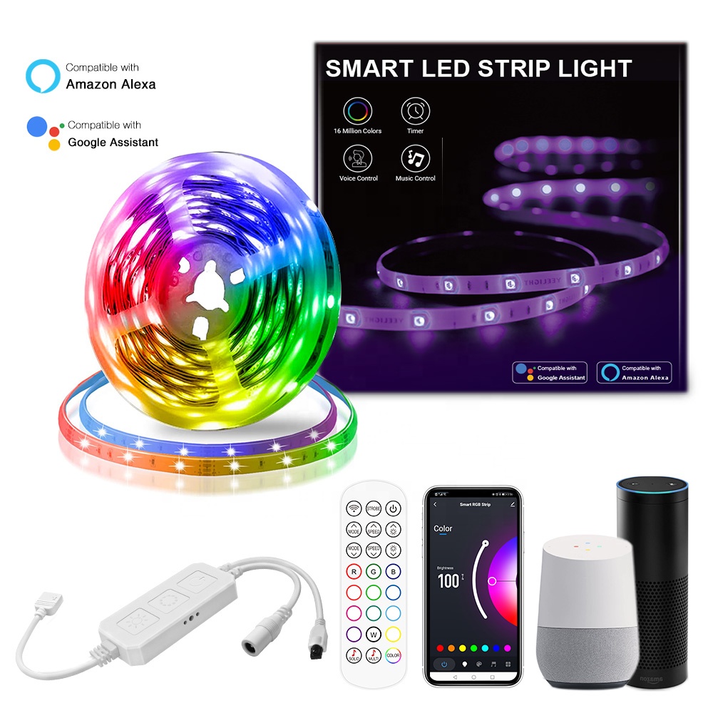 Лента 5 м изменяюща цвет светодиодные полосы света RGB 300 светодиоды Настенные светильники с музыкальной синхронизации ИК-пульт дистанционного управления Wi-Fi-Встроенный микрофон App управление для спальни, кухни, сплошные