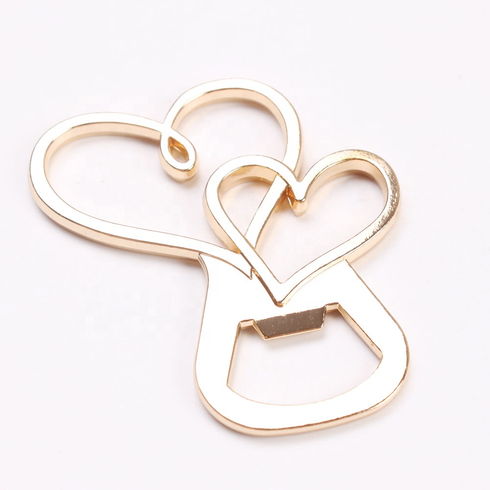 Double Heart Shaped Metal Gold Bottle Opener For Wedding Dinning