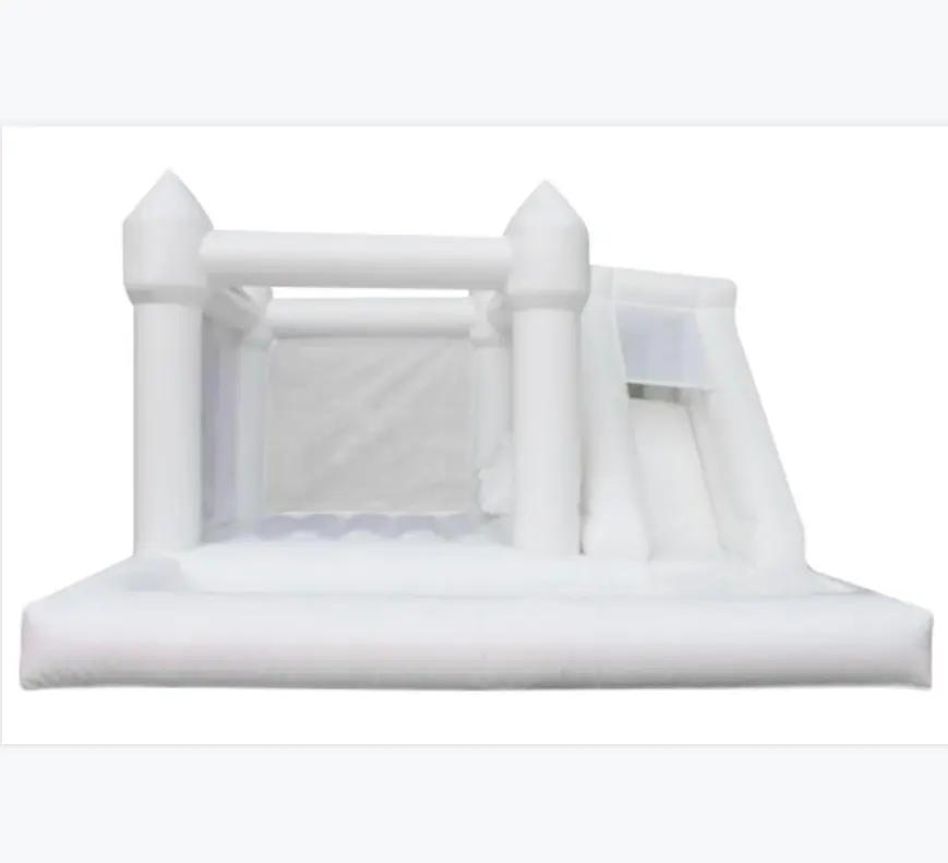 Надувной белый свадебный воздушный замок с горкой и бассейном, Свадебный белый надувной замок с горкой и шариковой ямой