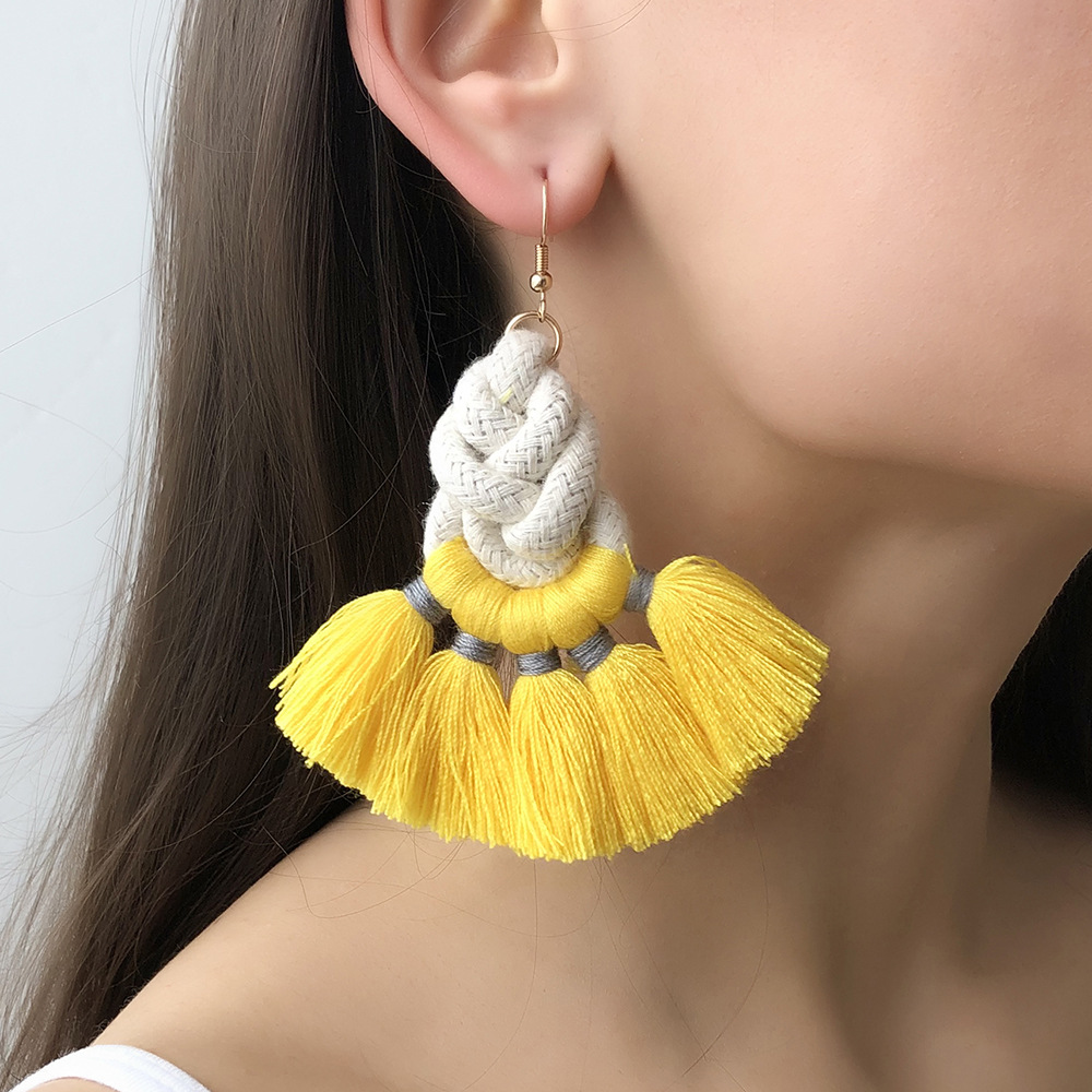 Semia Rope Braided Tassel Drop Earrings European and American Creative National style Woven Earrings