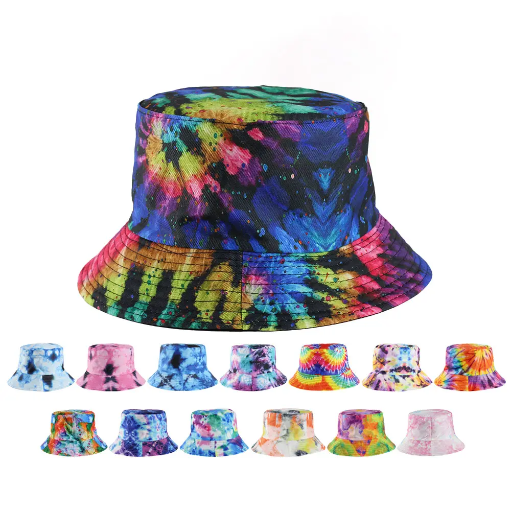 wholesale 2023 summer tie dye random printing unique double side Colorful Hip hop hat graffiti  Fisherman bucket hat Custom Logo