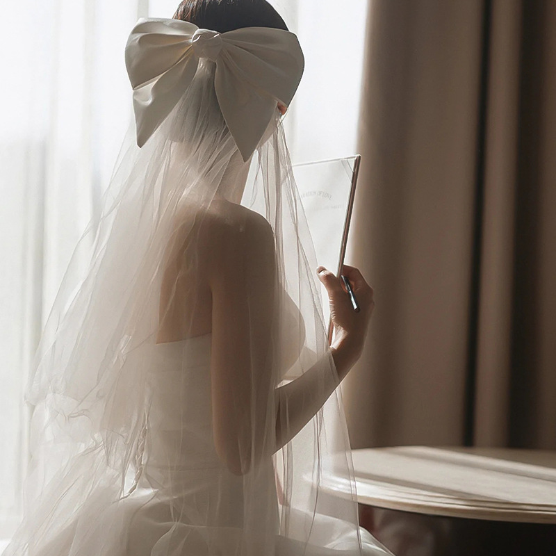 Wholesale Super Big White Bowknot 100cm Length Tulle Bridal Veil Solid Color Glossy Satin Bow Hair Clip Wedding Veil