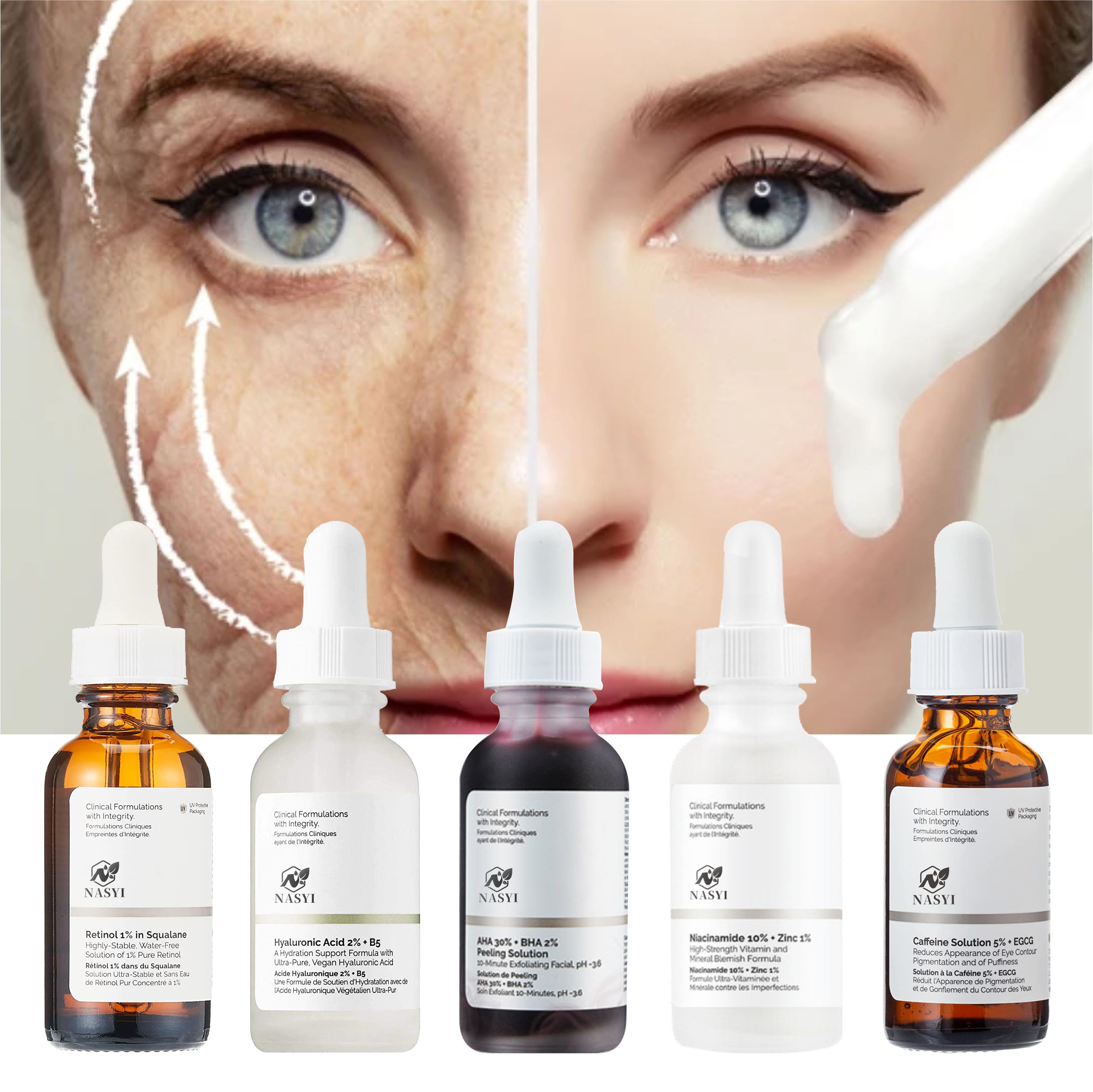 Бесплатный образец AHA BHA Niacinamide цинк Гиалуроновая кислота В5 ретинол Сыворотка для лица кофеин EGCG Сыворотка для глаз