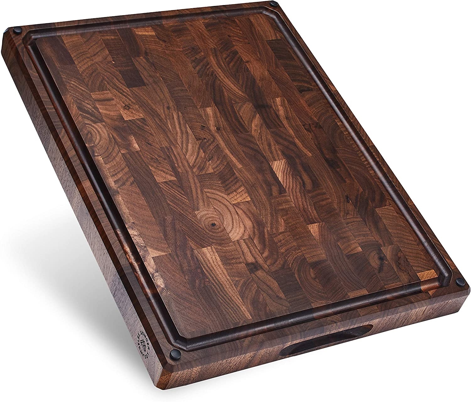 Large Thick End Grain Walnut Wood Cutting Board with Non-Slip Feet, Juice Groove, Sorting Compartments