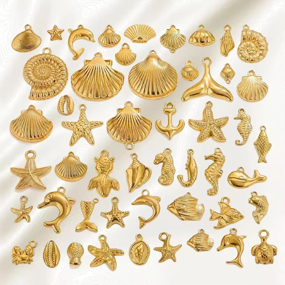 Waterproof 18K Gold Beach Mermaid Fish Shell Starfish Dolphin Turtle Pendant Stainless Steel Pendants Charms for Jewelry Making