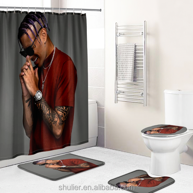3D digital custom cartoon American flag and cute girl print shower curtain polyester bathroom shower curtain set with 12 free ho