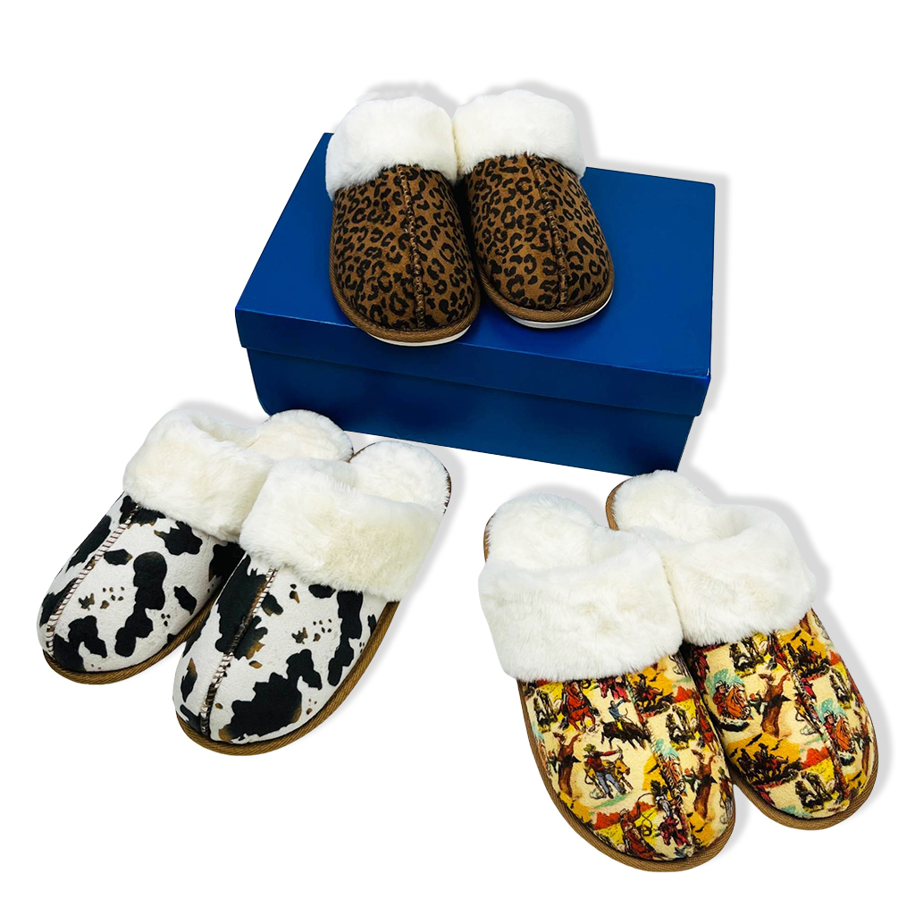 RTS Western Style Cow Print Leopard Print Women's Fuzzy Slippers Winter House Shoes Indoor and Outdoor Rubber Sole Slippers