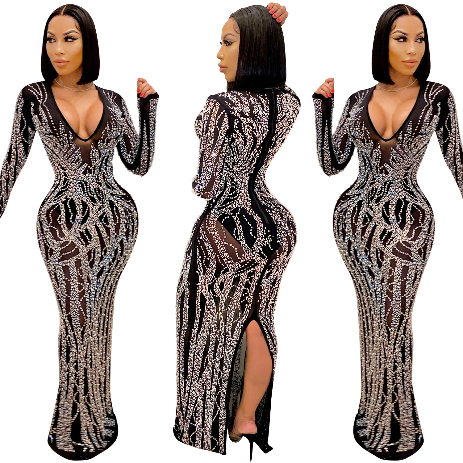 2021 Newest Elegant Women Party Evening Dress Sequined Sexy long sleeve prom dresses night maxi dress