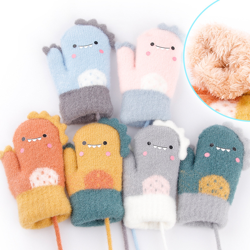 Winter Warm Mittens Ins Plush Children'S Dinosaur Neck Hanging Ski Gloves Korean Gloves Kids Cartoon Gloves Winter