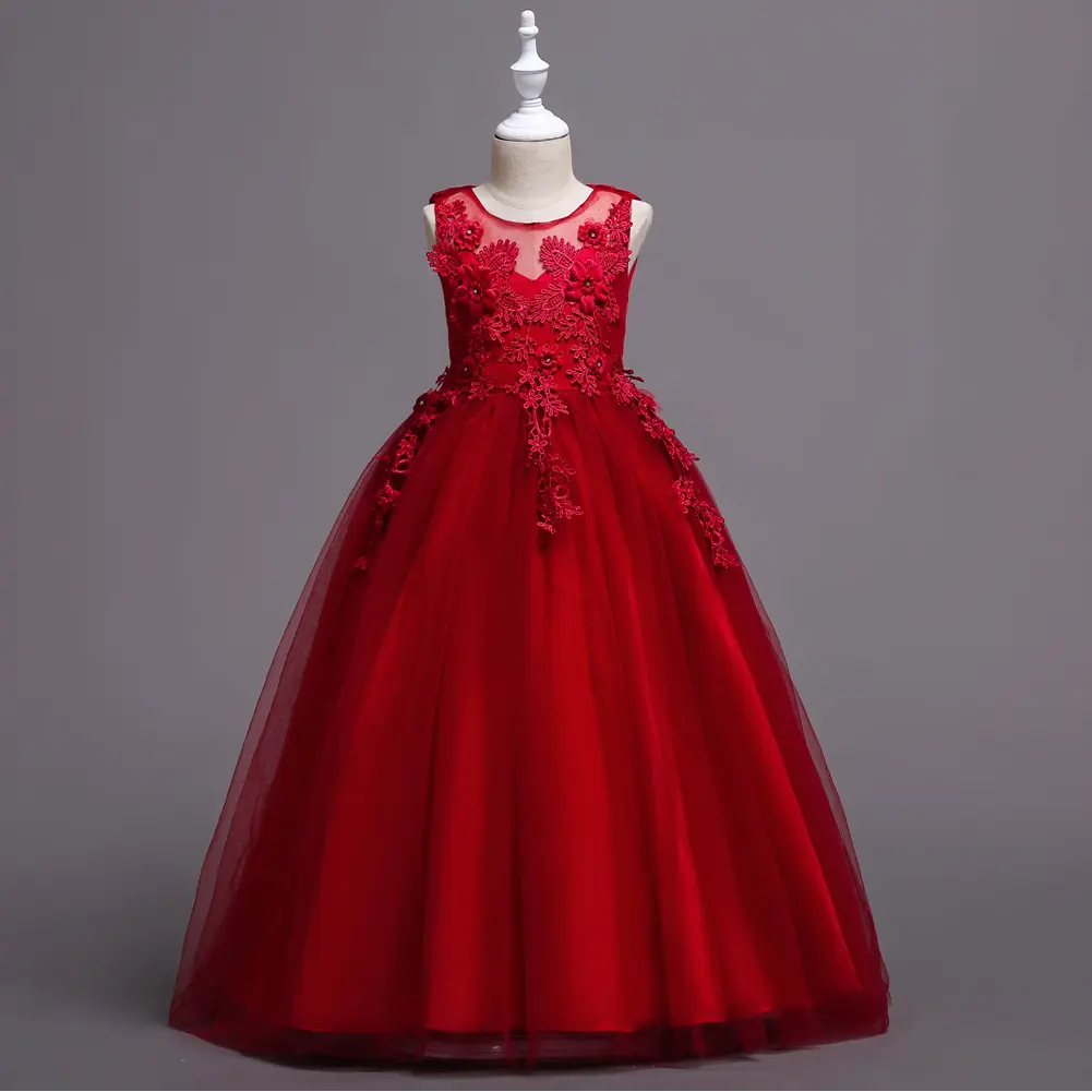 Оптовая продажа, Красное длинное вечернее платье mqназ, детское платье, дизайнерское вечернее платье для девочек, детское платье с цветами для девочек, Тюлевое свадебное платье 832