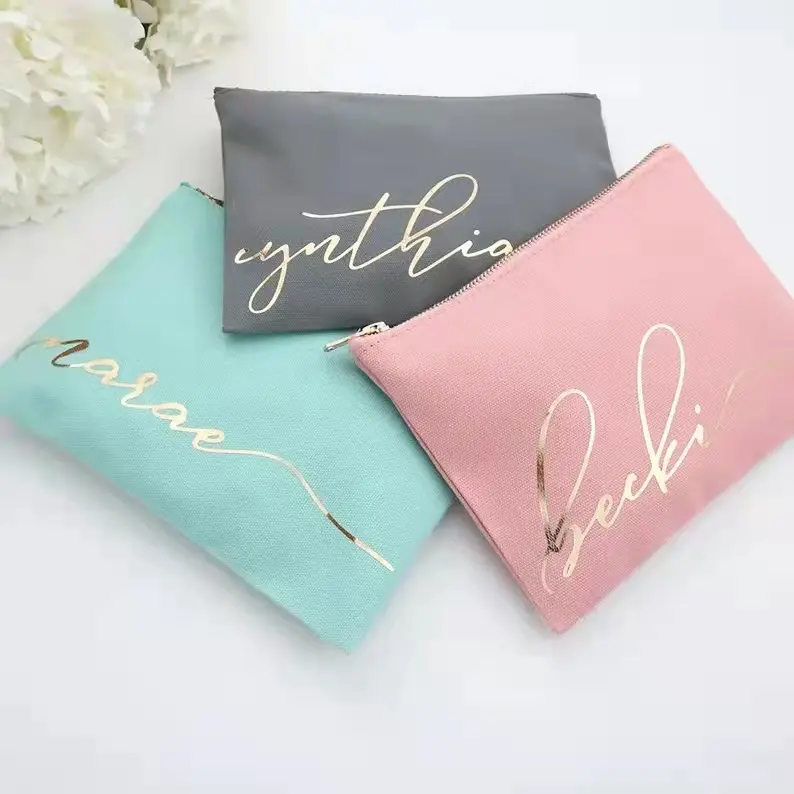 Gold custom logo cotton canvas cosmetic bag gift bridesmaid wedding guests travel makeup pouch