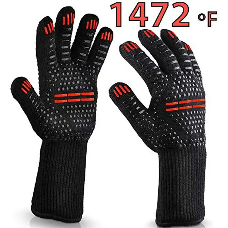 Unisex Long Red Black Silicone Potholder Oven Mitts Smoker Grilling Barbecue BBQ Heat Resistance Gloves for Cooking Baking