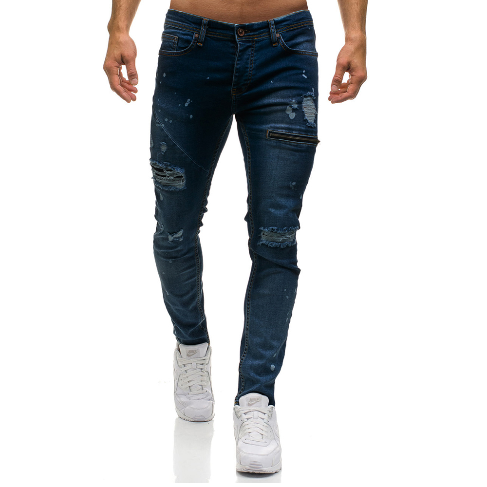 good selling wholesale male jeans ripped men's jeans with decorative zipper denim men's trousers