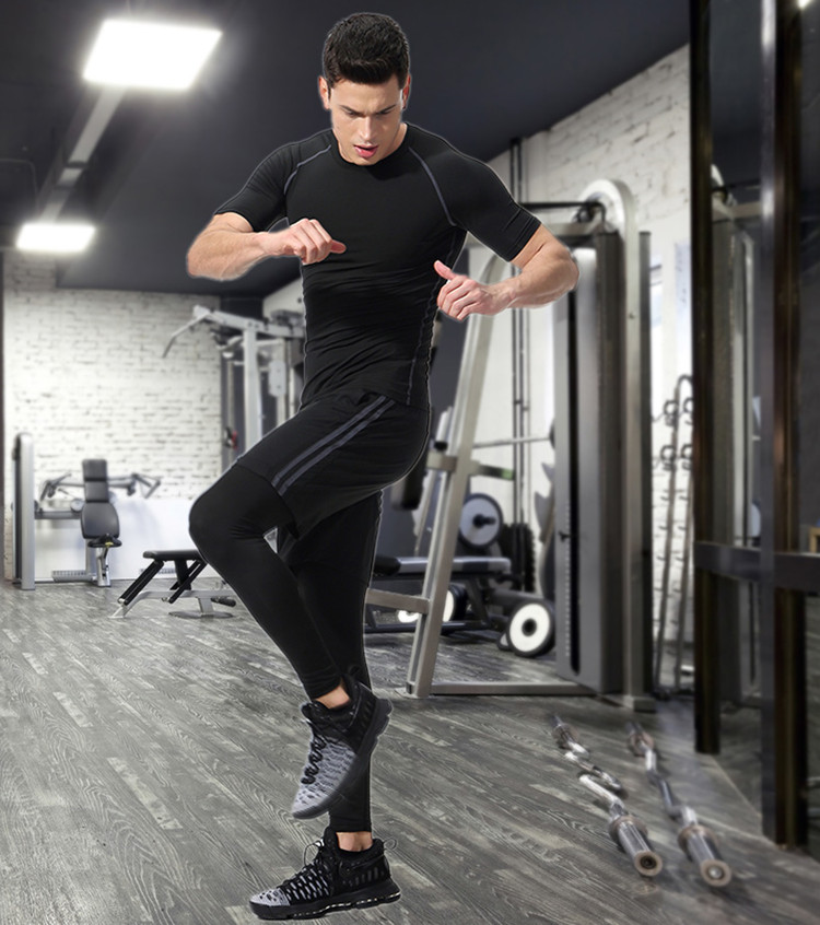 high quality sports fitness wear 3 piece mens Leggings and short sleeves set sublimated for men gym wear plus size