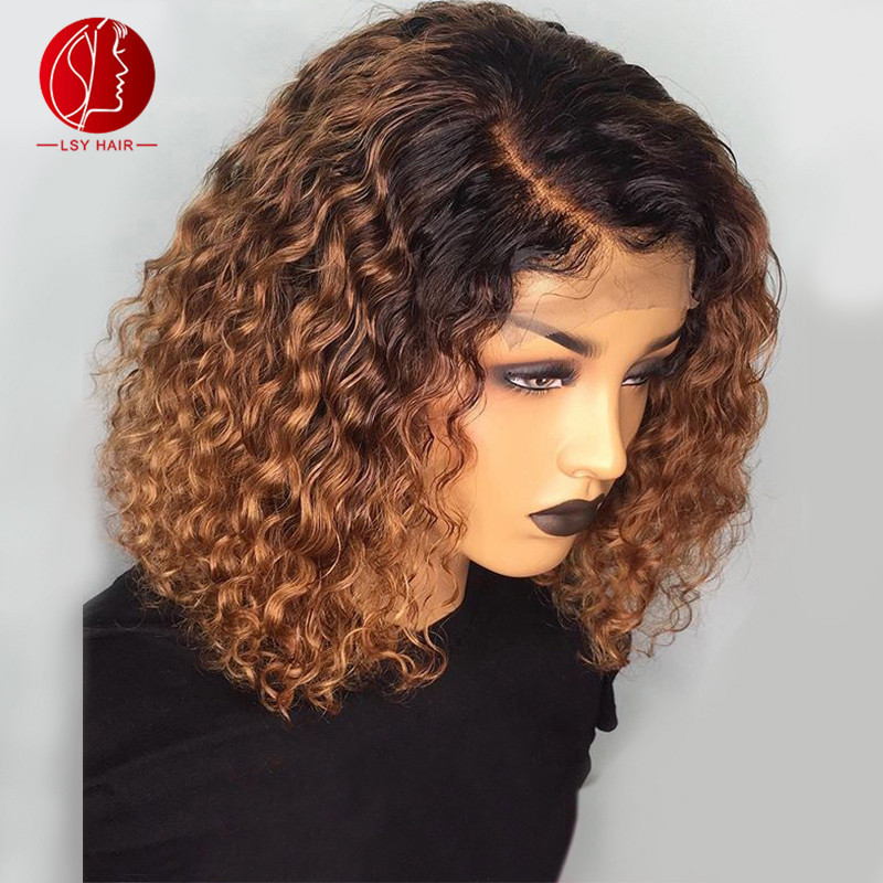 Lsy Ombre Color 1B30 1B99J короткий вьющийся парик, Волнистые 150 плотные человеческие волосы, кружевные передние парики, вьющиеся волосы, Боб парики