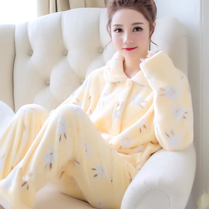 women's Flannel Sleepwear Autumn Winter fastener Pyjamas Sets Thick Warm Flannel cardigan Cartoon Pijamas