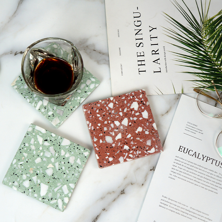 Southeast Asia Pastoral Fengshui Millstone Square Coaster Green Red Water Coaster Christmas Gift Afternoon Tea Decoration