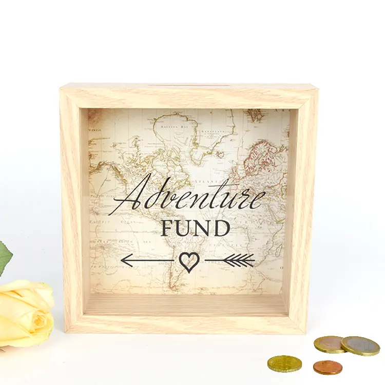 3D Adventure World Maps Wooden Shadow Box Frame Piggy Money Saving Bank Box