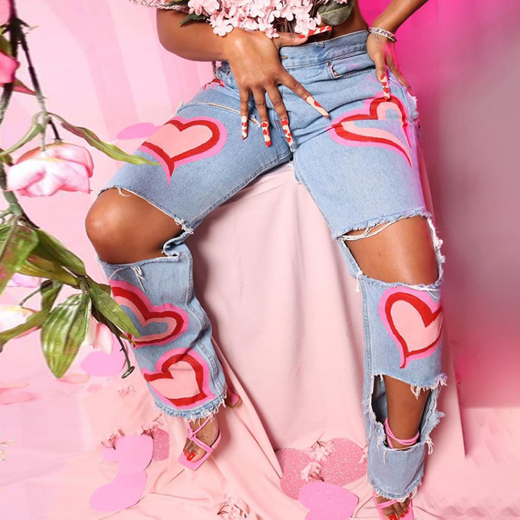 Modern 2021 Fall Autumn Trending High Waist Women Fashion High Quality Trousers Streetwear Hollow Out Heart Print Denim Jeans
