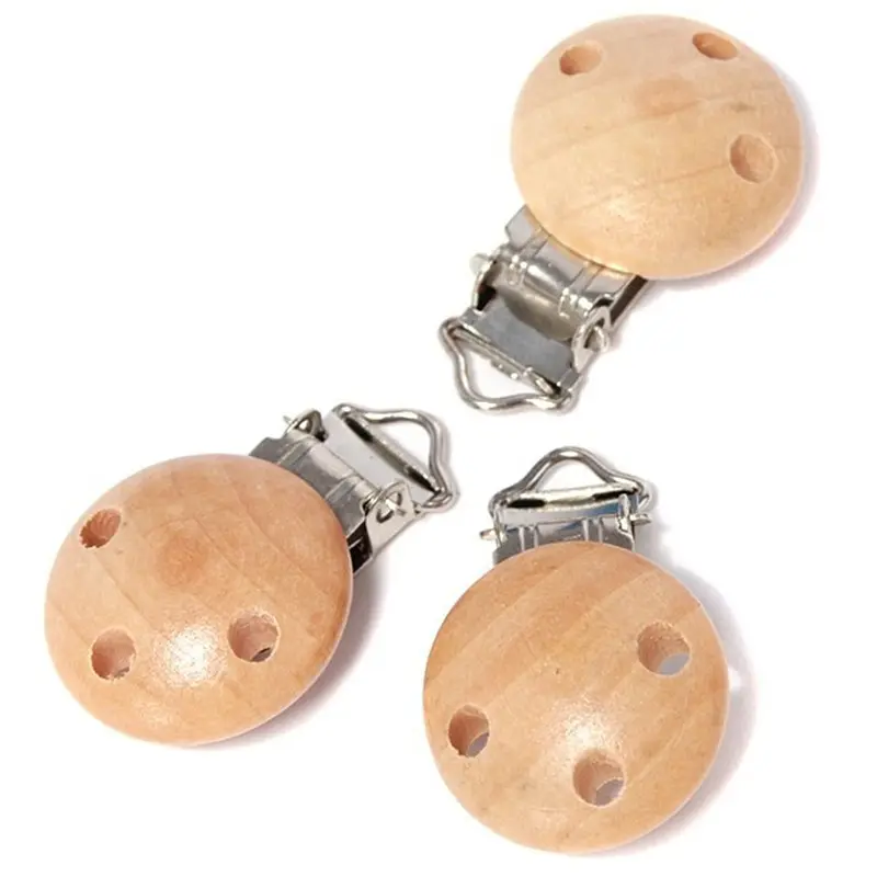 Natural Beech Wood Baby Pacifier Clips Round Wooden Teething Beads Clips Baby Soother Holders Bed Hanging Teether Toy