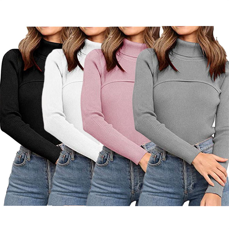 2021 Women fall clothes casual top solid color slim-fit high-neck long-sleeved pullover thread black top D11332