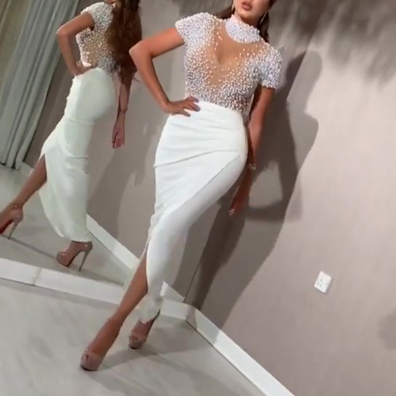 2021 New Arrival Latest Dress Designs Sheer Mesh Transparent Pearl Elegant Lady Dresses Solid Bodycon Women Dresses