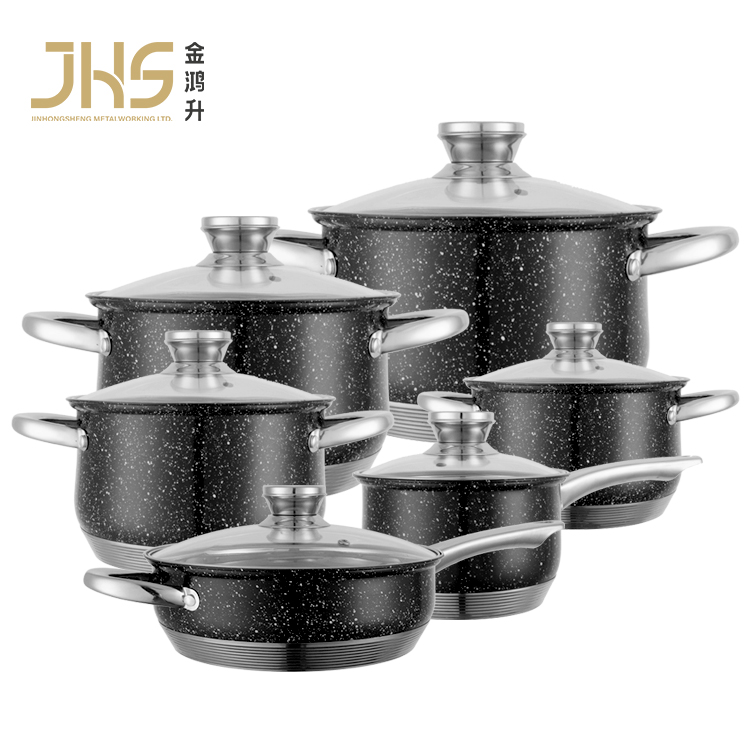 JHS black 12pcs aluminum layer bottom kitchen pots pans cookware sets stainless steel kitchenware cookware set