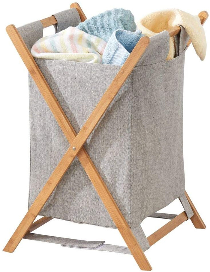 Bamboo X Frame Portable Folding Rack Clothes Basket Storage with Removable Fabric Bag