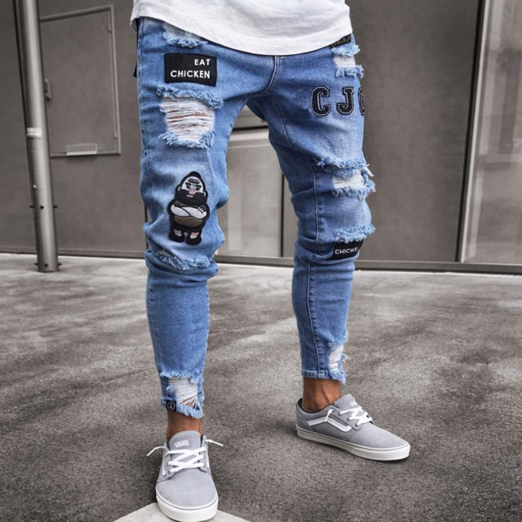 xueyu Italy Style Men's Distressed Destroyed Badge Pants Art Patches Skinny Biker White Jeans Slim Trousers men denim jeans