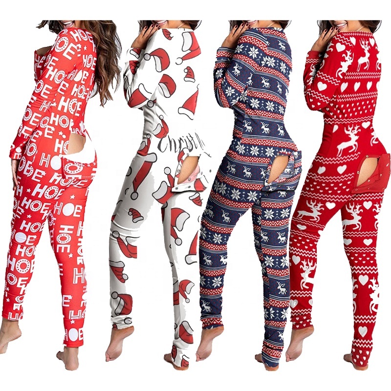 New arrival christmas print long sleeve onsies women pajamas with butt flap