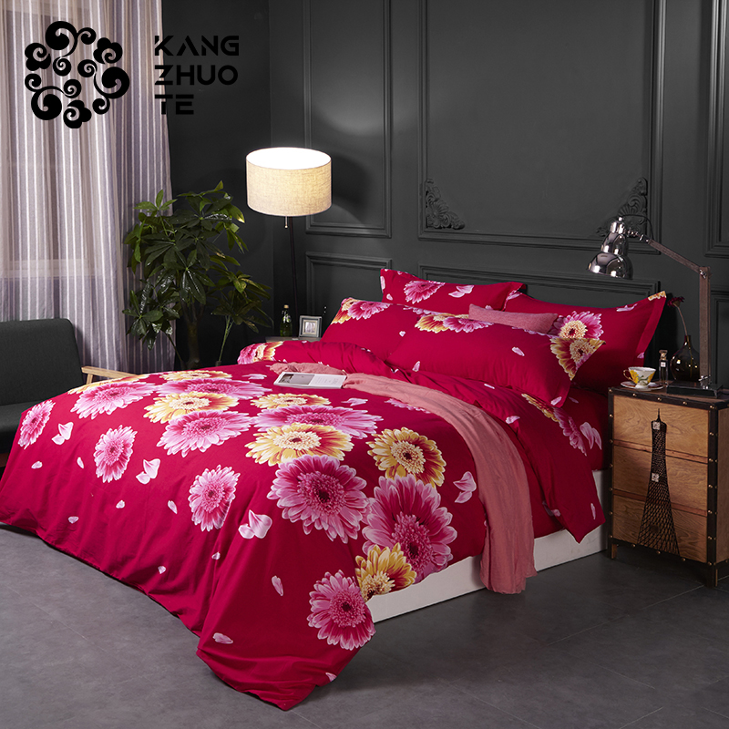High quality durable 100% cotton red large flower pattern bedding set  4 pieces 
