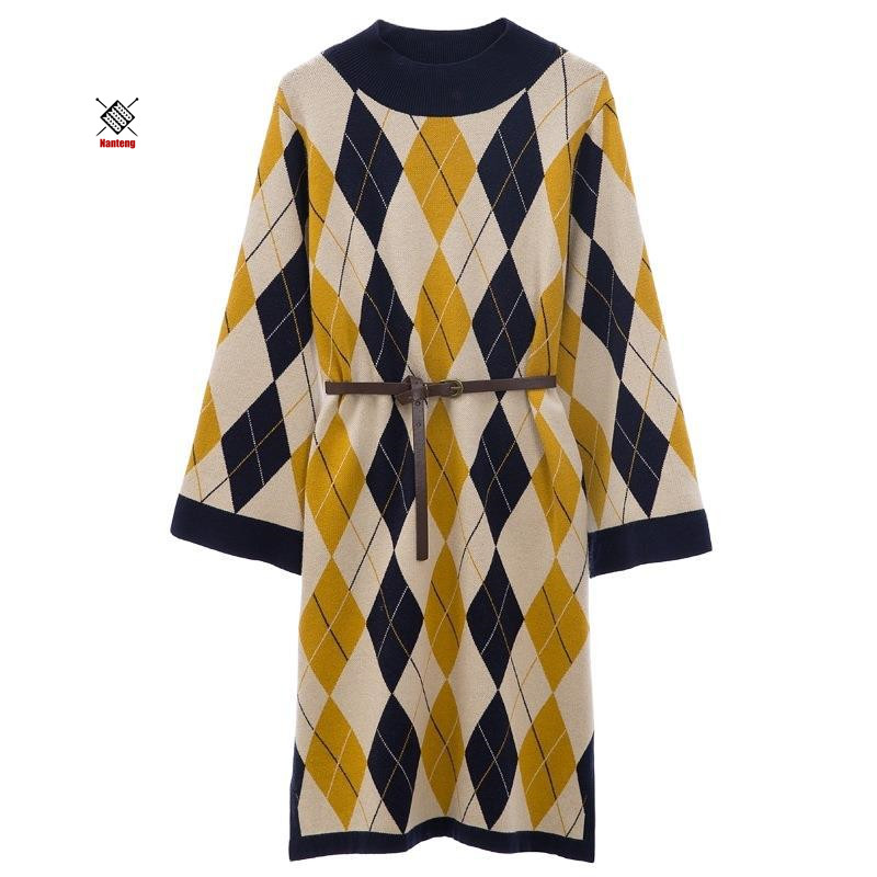 Retro Dress Diamond Check Half High Collar Casual Loos Sweater Dress Long Sleeve