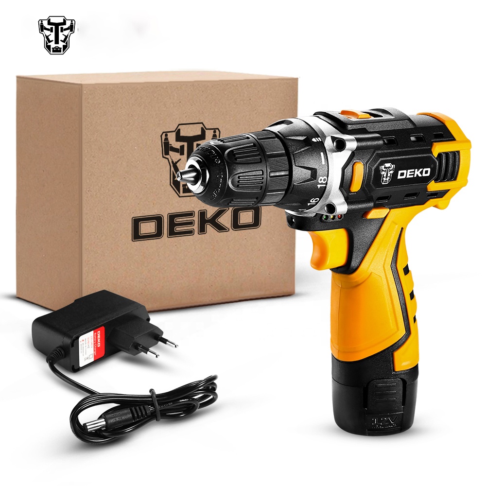 Беспроводная Дрель DEKO DKCD12FU SET1 12 В, шуруповерт с литий-ионной батареей, домашняя самодельная электрическая дрель с 2 скоростями и светодиодной подсветкой для деревообработки