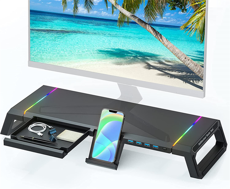 Лидер продаж, подставка для монитора RGB, подставка для монитора компьютера с дополнительным ящиком и держателем для телефона