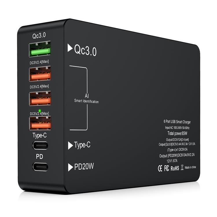 XXD новый дизайн, многофункциональное быстрое зарядное устройство QC3.0 65 Вт Type-C, лидер продаж на Amazon, быстрое зарядное устройство на 6 портов PD 20 Вт