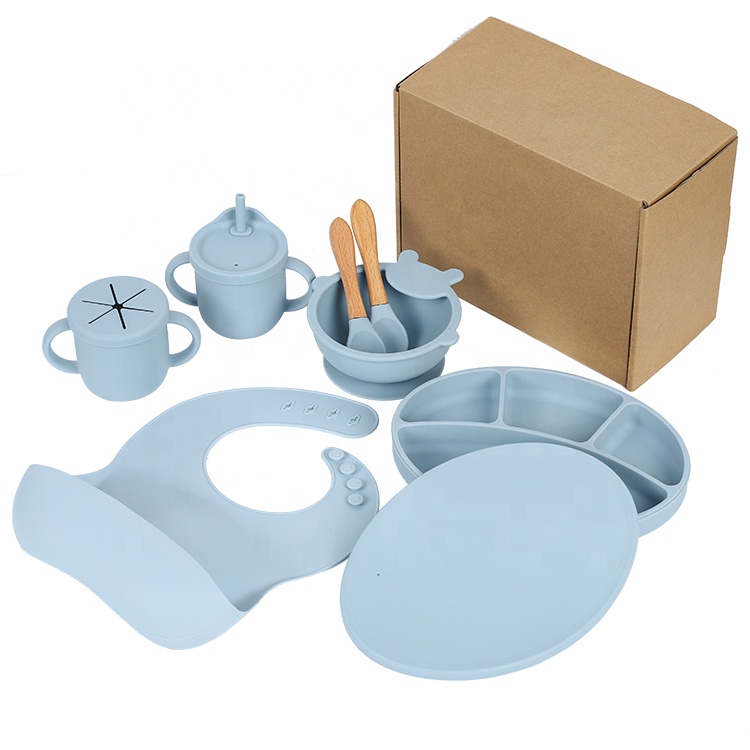 Free Sample 100% Food Grade silicone feeding sets baby kids suction bowl waterproof bib plate tableware plate dinnerware sets