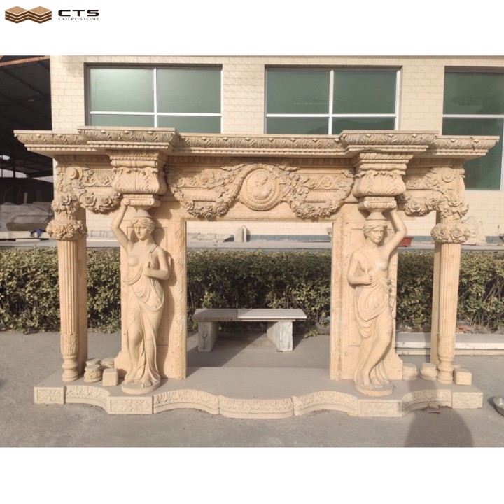 Luxury Style Natural Beige Marble Indoor Fancy Big Fireplace