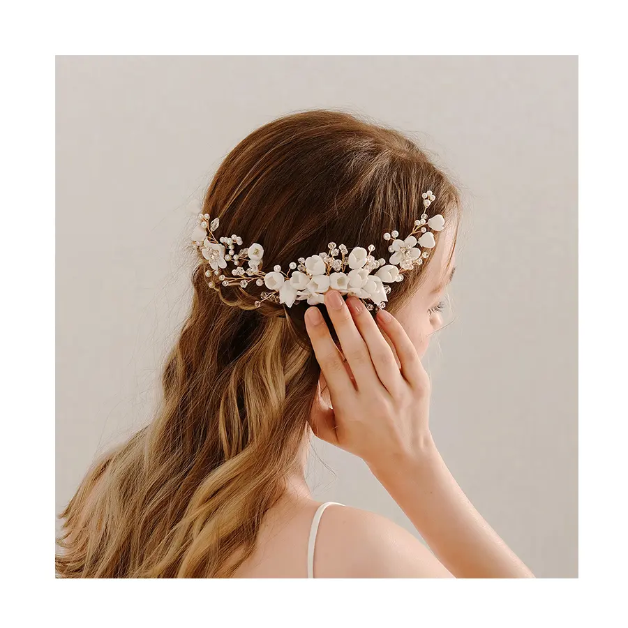 Romantic wedding dress plate hair comb handmade soft pottery pearl hairpin bridal headdress hair accessories