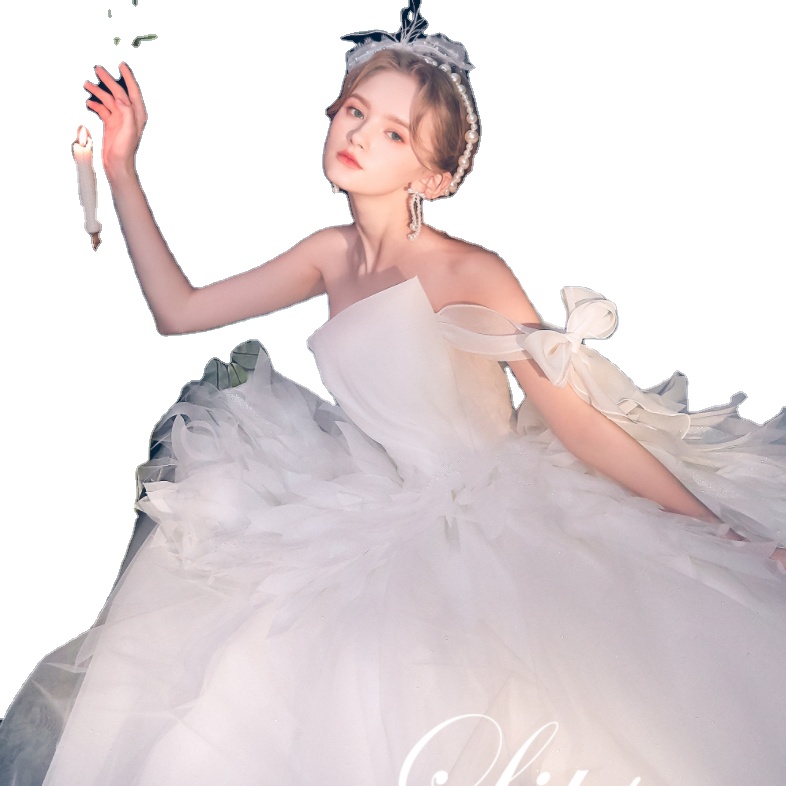 New Design Strapless Ruched Bodice Minimalist Aline Wedding Dress Elegant 3d Flowers Bridal Gown