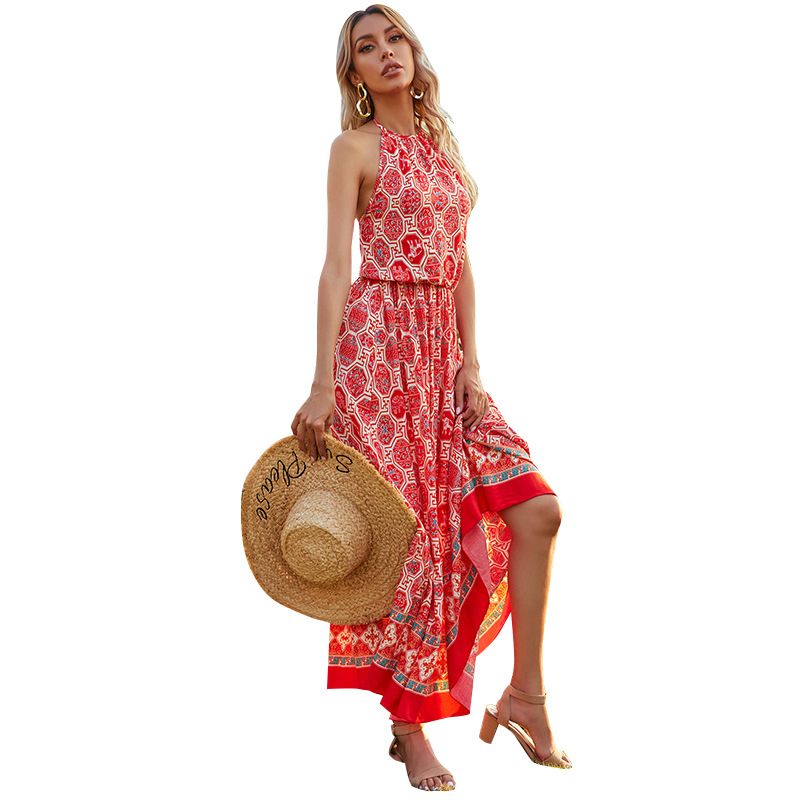 Summer New Halter Strapless Backless Floral Print Long Maxi Hippie Dress Boho Chic Beach Dress