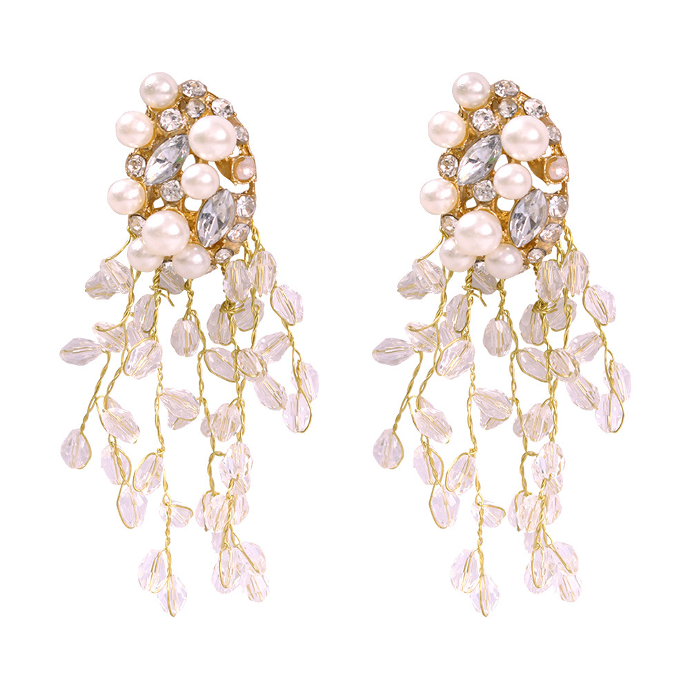 Atmospheric Earrings Fashion Fairy Imitation Crystal Flowers Imitation Pearl Female Tassel Earring Big