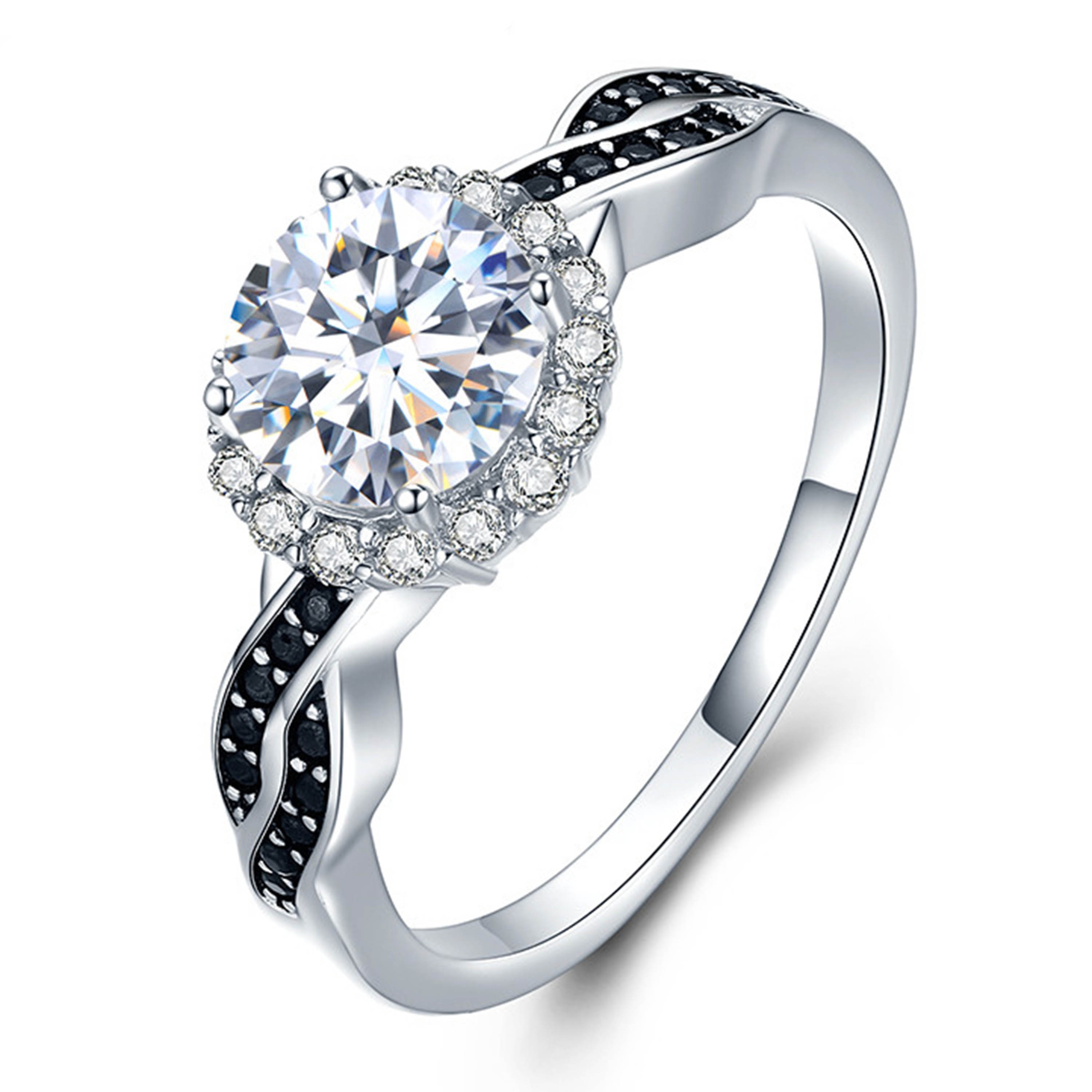 Factory Wholesale 925 Sterling Silver Round Shape White Zircon With Black Zircon Ring