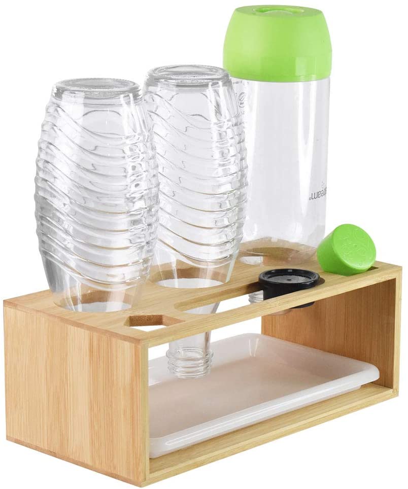 Bottle Holder Soda Stream Glass Bottles Drip Holder Bamboo, with Drip Tray and Brush, Suitable for a Variety of Bottl