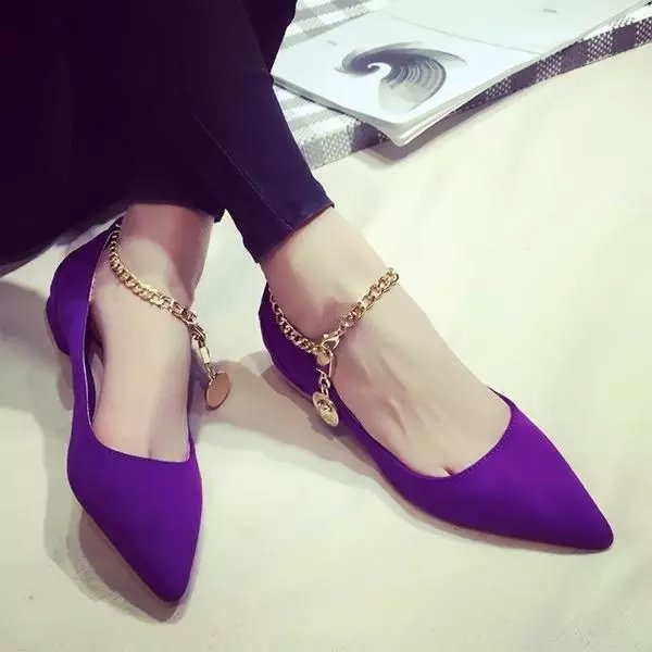 Women Flat Dress Shoes Pointy toe Ankle Metal Chain Pump Shoes Office Girl Daily Life Casual Shoes