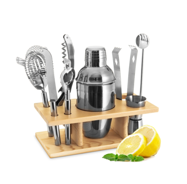 350ml 9pcs stainless Steel Shaker Bartender Cocktail mixed wine drink Maker tool Set Shaker With wooden Stand holder rack