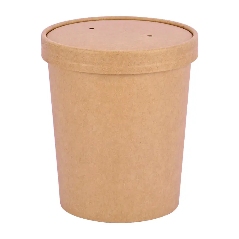 amazon hot selling Biodegradable Disposable 8oz 12oz 16oz 26oz 32oz Brown Kraft Paper hot soup bucket Bowl and with pp paper lid