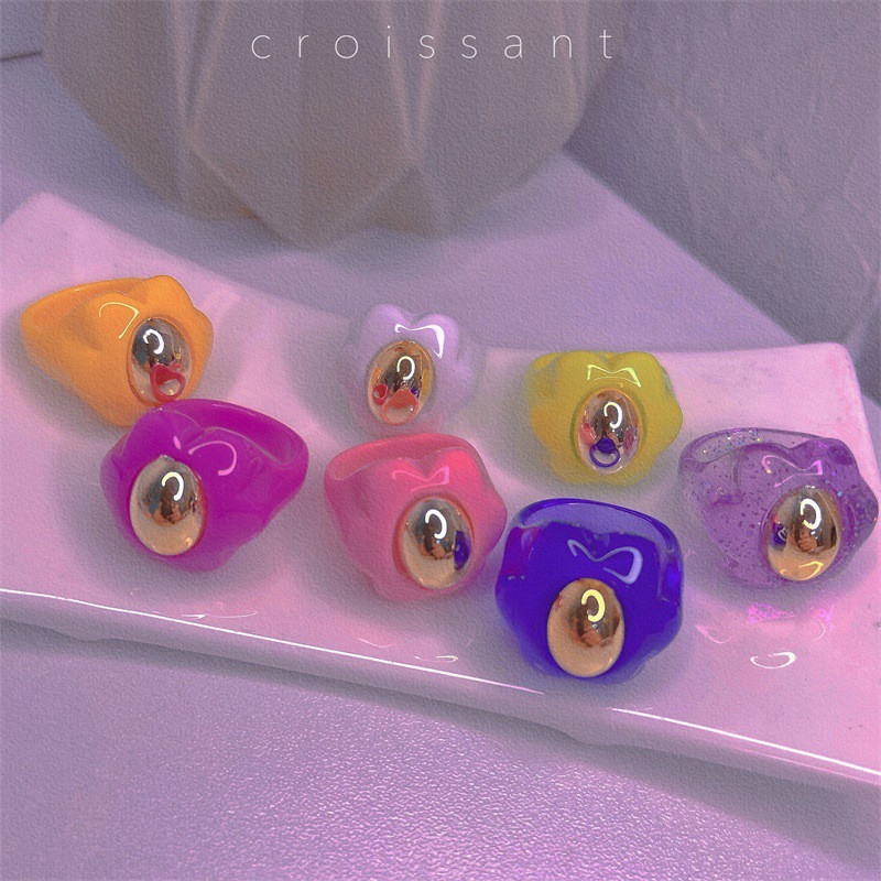 Fashion Acid Acrylic Simple Clear Colorful Flower Ring Gold Bead Custom Resin Rings Flower