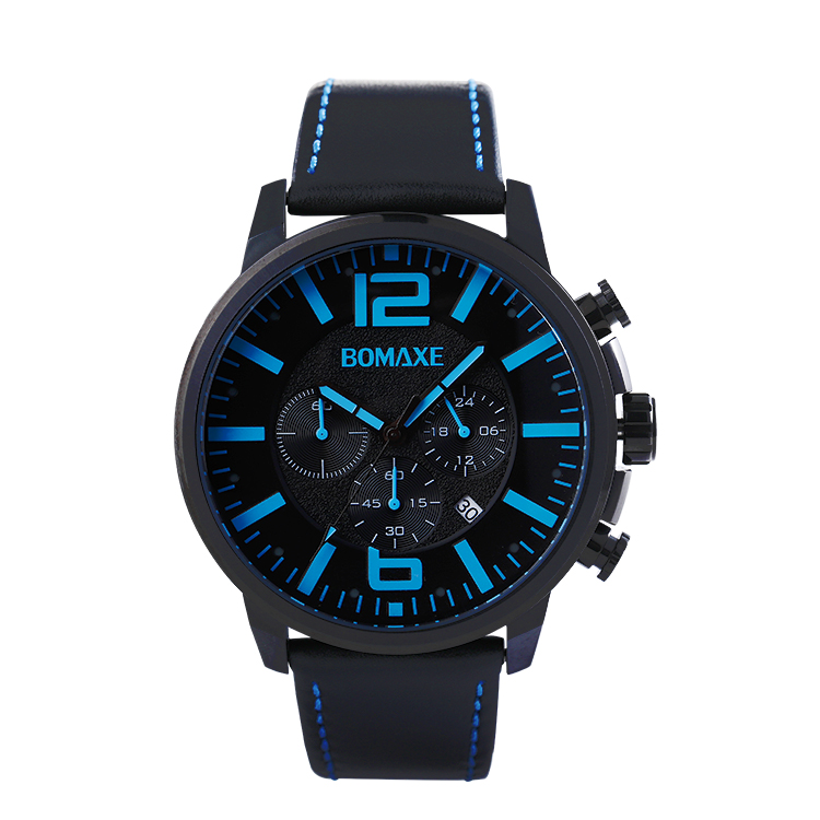Japan Movement Luminous Three eyes Sapphire Glass 5ATM Water Resistant Genuine Leather Strap Black Men Wrist Watches
