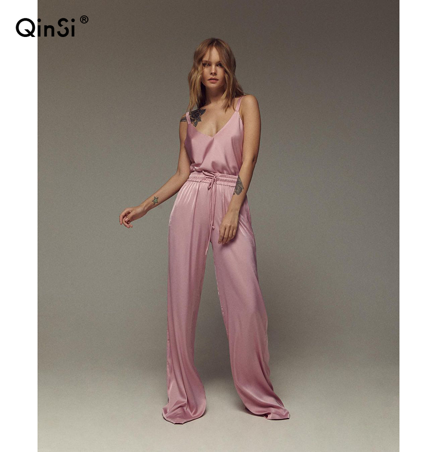 QINSI 2 Pcs Loose Lace-Up Full Length Home Pants For Women Nightgown 2022 Solid Sleepwear V Neck Pajamas Set Camisole Female Set