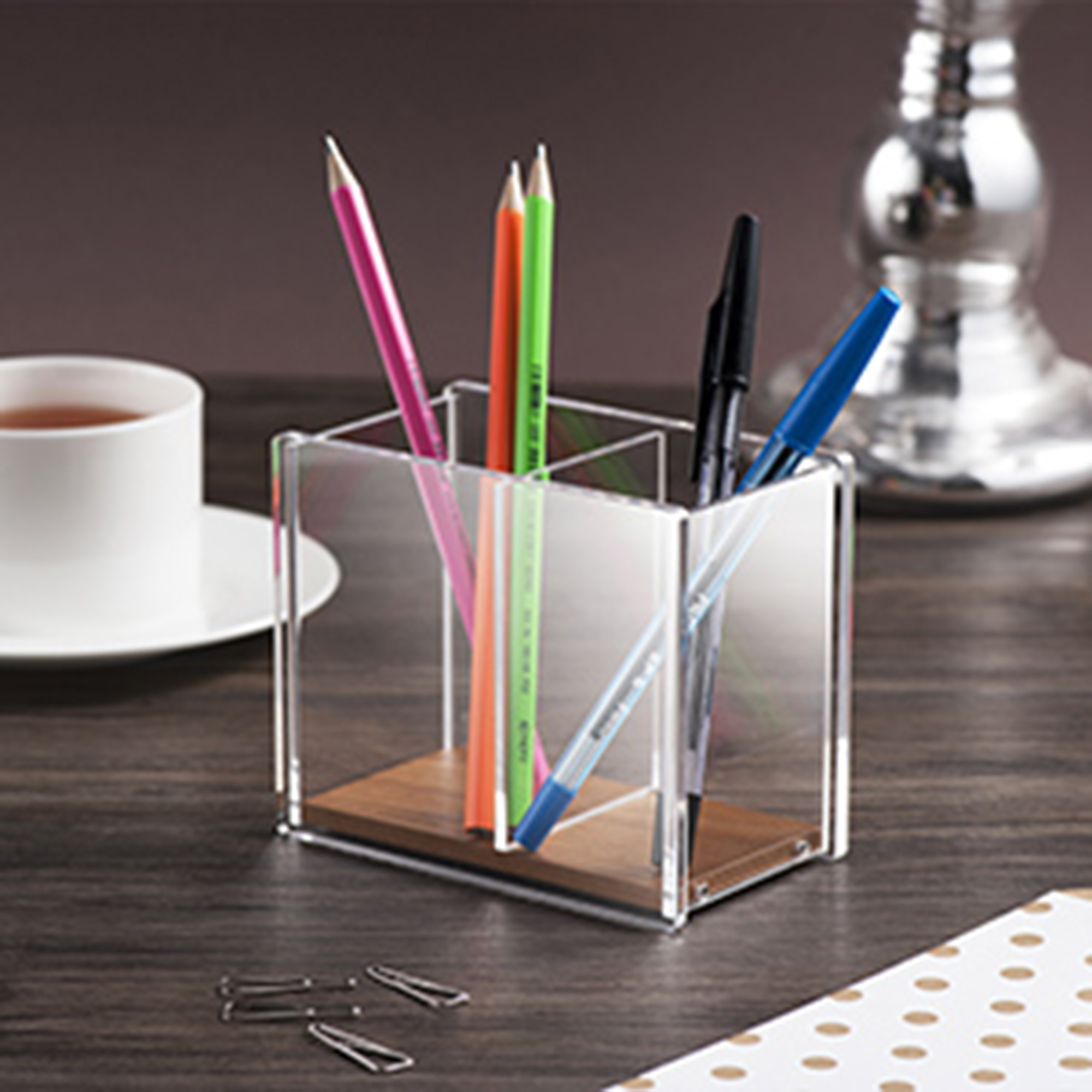 pen holder large, [2 compartments with wooden base] acrylic pen holder large capacity for desk stationery storage